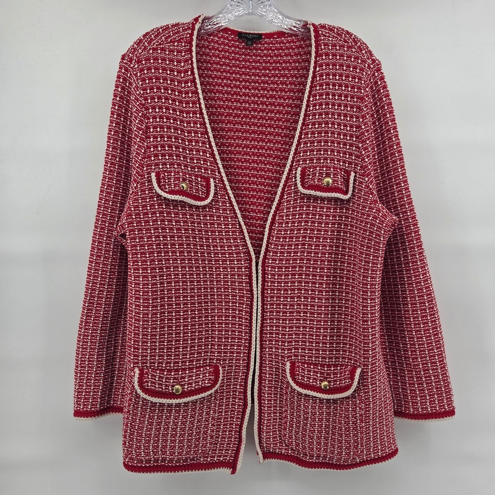 Talbots Cardigan 1X Red Tweed Knit Gold Button Preppy Office‎ Sophisticated